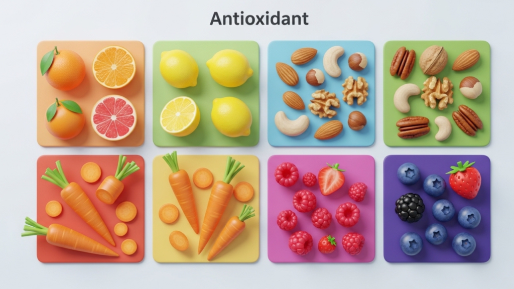 3D Pixar-style grid of antioxidant foods including citrus fruits, nuts, carrots, and berries