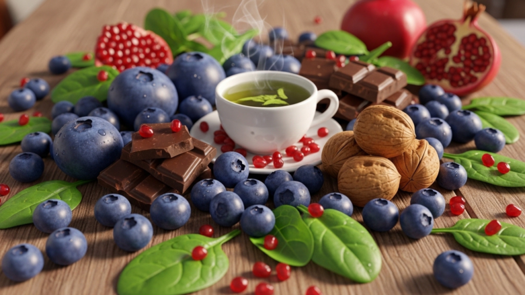 3D Pixar-style spread of antioxidant-rich foods including blueberries, dark chocolate, walnuts, spinach, green tea, and pomegranate