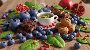 3D Pixar-style spread of antioxidant-rich foods including blueberries, dark chocolate, walnuts, spinach, green tea, and pomegranate