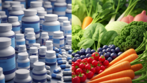 3D Pixar-style comparison of antioxidant supplements and vibrant whole foods like berries and vegetables.