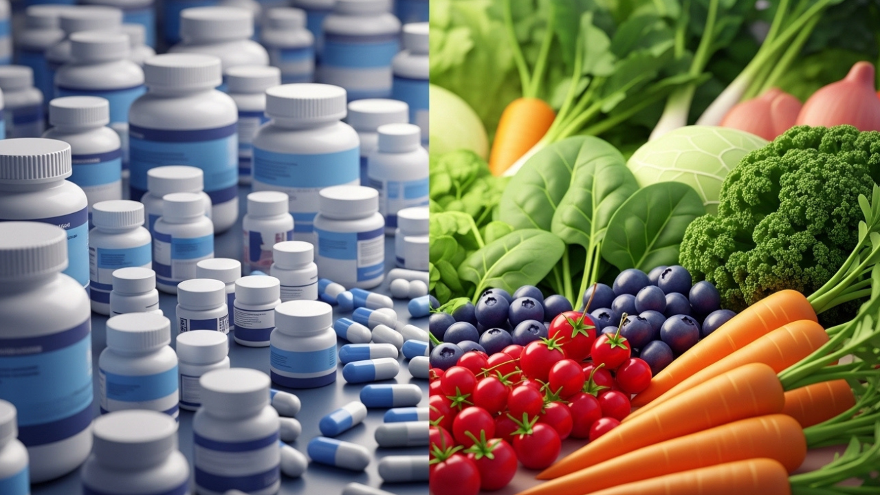 3D Pixar-style comparison of antioxidant supplements and vibrant whole foods like berries and vegetables.