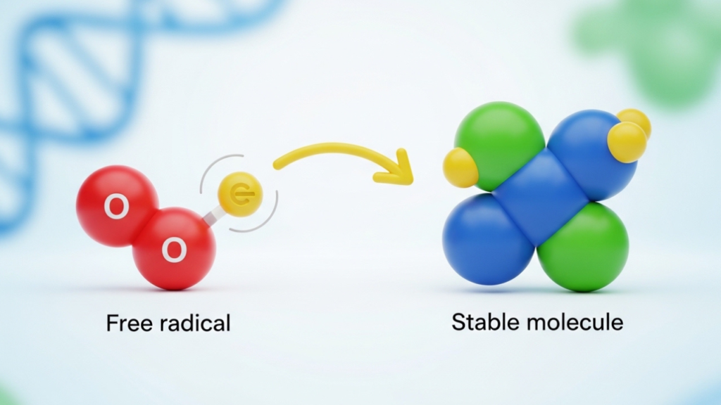 3D Pixar-style diagram showing how antioxidants neutralize free radicals by donating an electron.