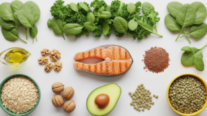 3D Pixar-style overhead view of cholesterol-lowering foods including oats, lentils, salmon, avocado, walnuts, olive oil, flaxseeds, and leafy greens