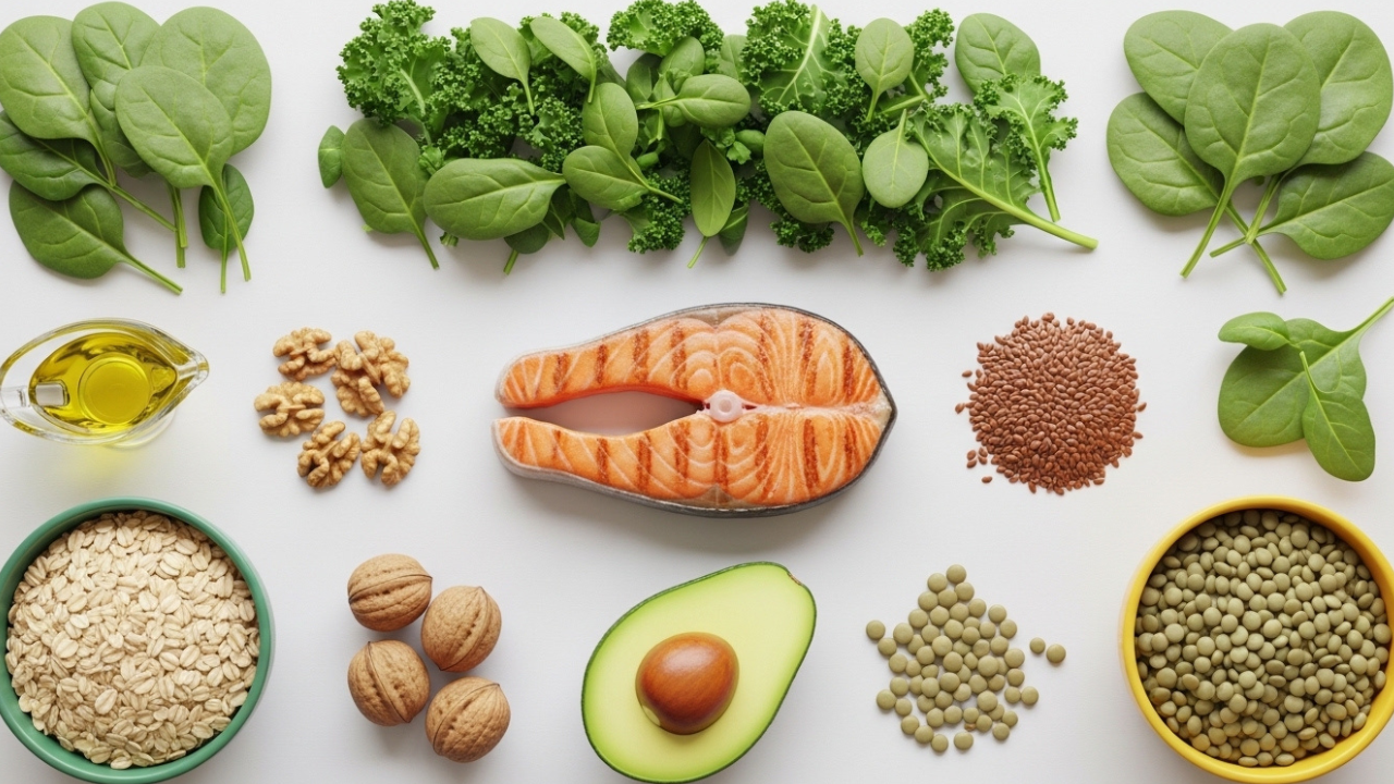 3D Pixar-style overhead view of cholesterol-lowering foods including oats, lentils, salmon, avocado, walnuts, olive oil, flaxseeds, and leafy greens