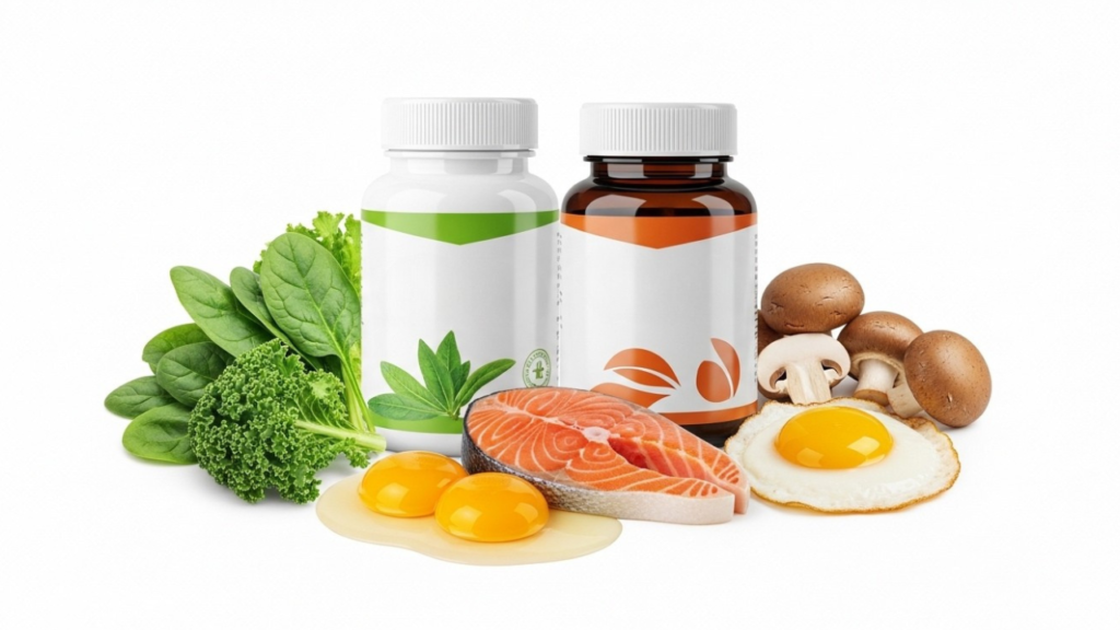 3D Pixar-style display of lutein zeaxanthin, CoQ10, and vitamin D supplements with their whole food sources.