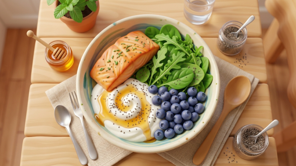 3D Pixar-style overhead view of a gut-healthy meal bowl with salmon, blueberries, yogurt, and leafy greens