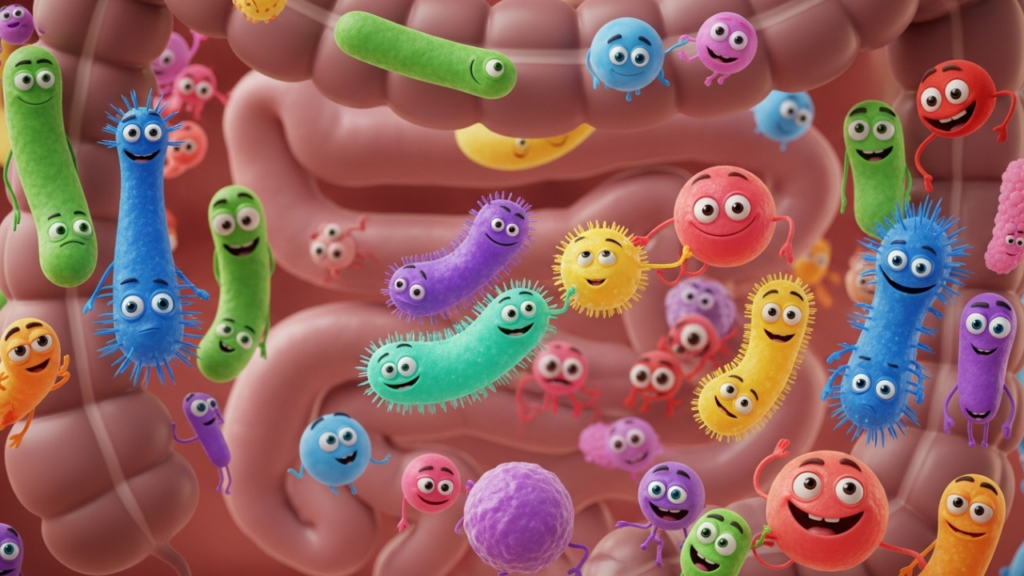 3D Pixar-style illustration of gut microbiome with diverse friendly bacteria and microbial cells in the intestines.