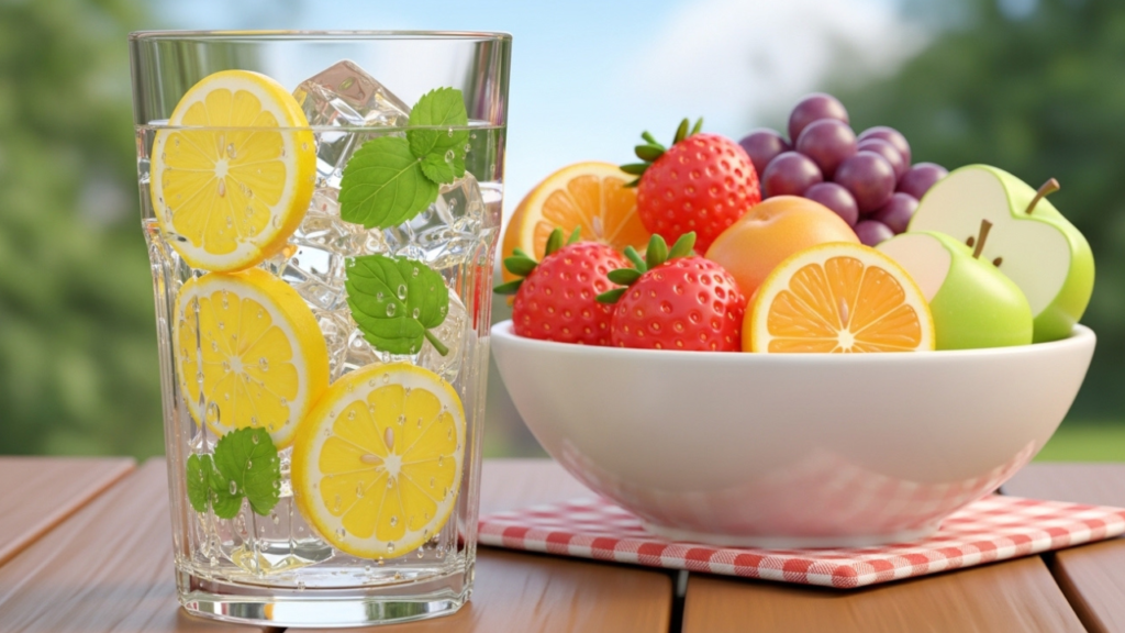 3D Pixar-style glass of water with lemon and mint next to fresh fruit as a healthy non-alcoholic drink alternative.