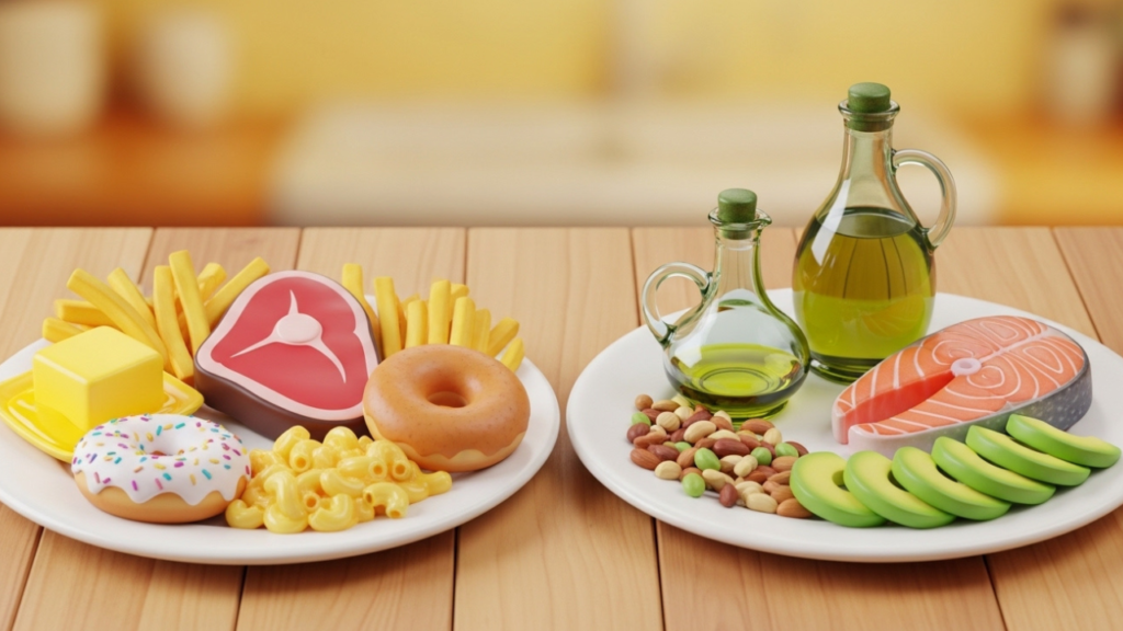 3D Pixar-style comparison of foods high in saturated fat and foods with healthier fats like olive oil, salmon, avocado, and nuts