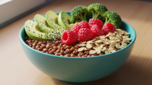 3D Pixar-style bowl of high-fiber foods including lentils, avocado, raspberries, oats, broccoli, and chia seeds for gut health.