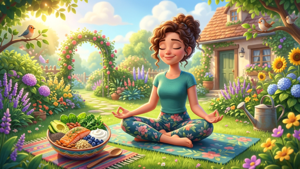 3D Pixar-style illustration of a person meditating outdoors with a gut-healthy meal nearby for gut-brain health.