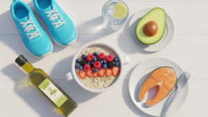 3D Pixar-style flat lay showing oats with berries, olive oil, salmon, avocado, running shoes, and water for natural cholesterol management.