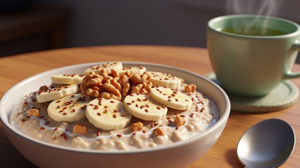 3D Pixar-style bowl of oatmeal topped with banana, walnuts, and flaxseeds with green tea for heart health