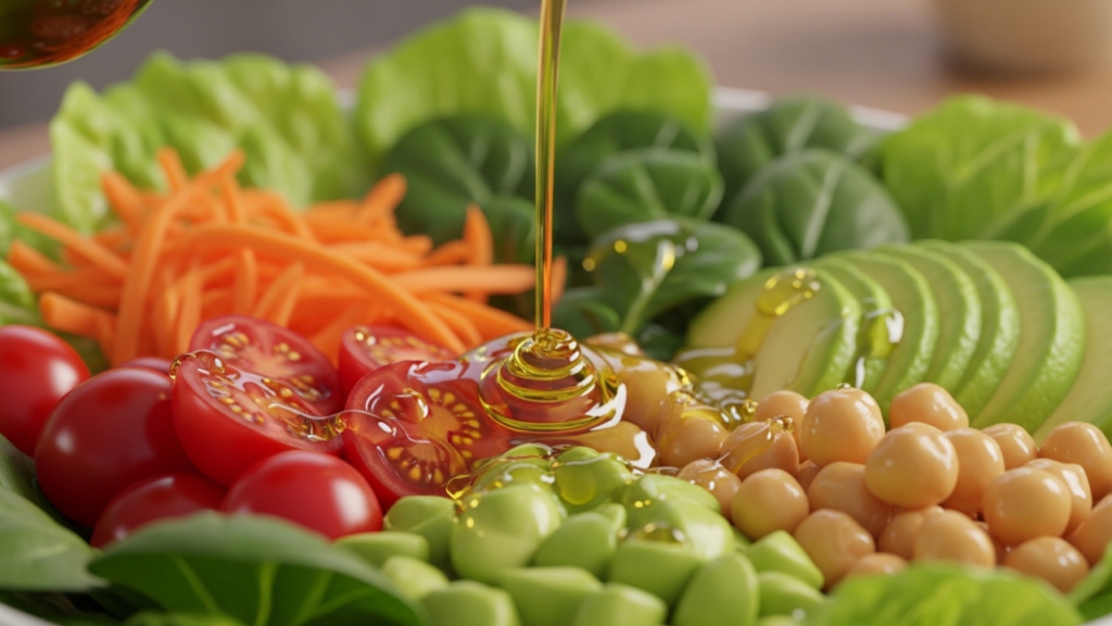 3D Pixar-style olive oil drizzled over a salad with chickpeas, avocado, and leafy greens for heart health