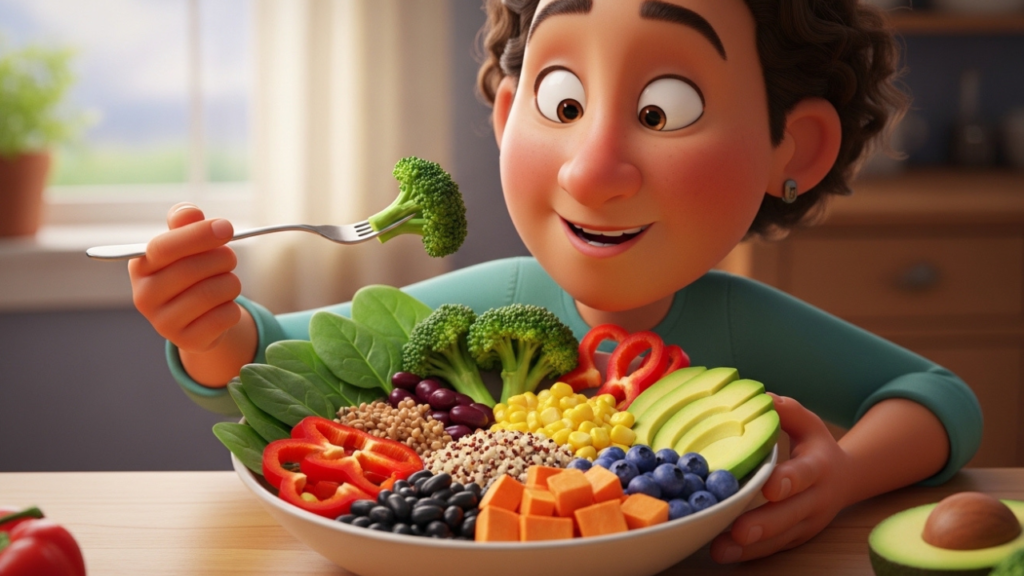 3D Pixar-style person enjoying a colorful plant-rich meal with vegetables, grains, legumes, and fruits for gut health.