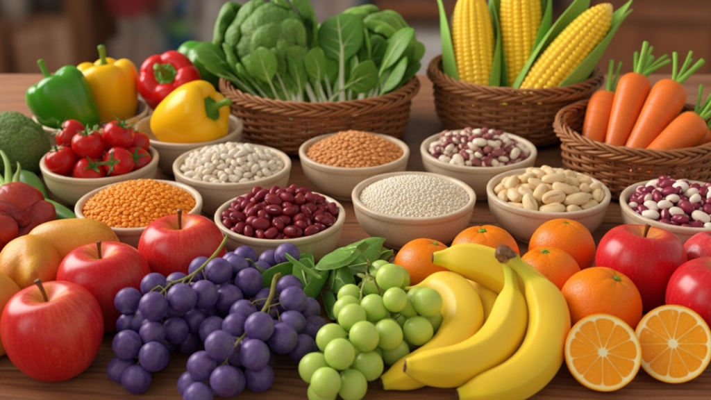 3D Pixar-style variety of plant foods including vegetables, legumes, grains, and fruits for gut health.