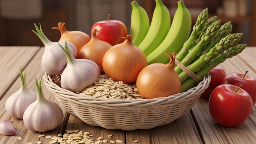 3D Pixar-style basket of prebiotic-rich foods including garlic, onions, oats, green bananas, asparagus, and apples for gut health.