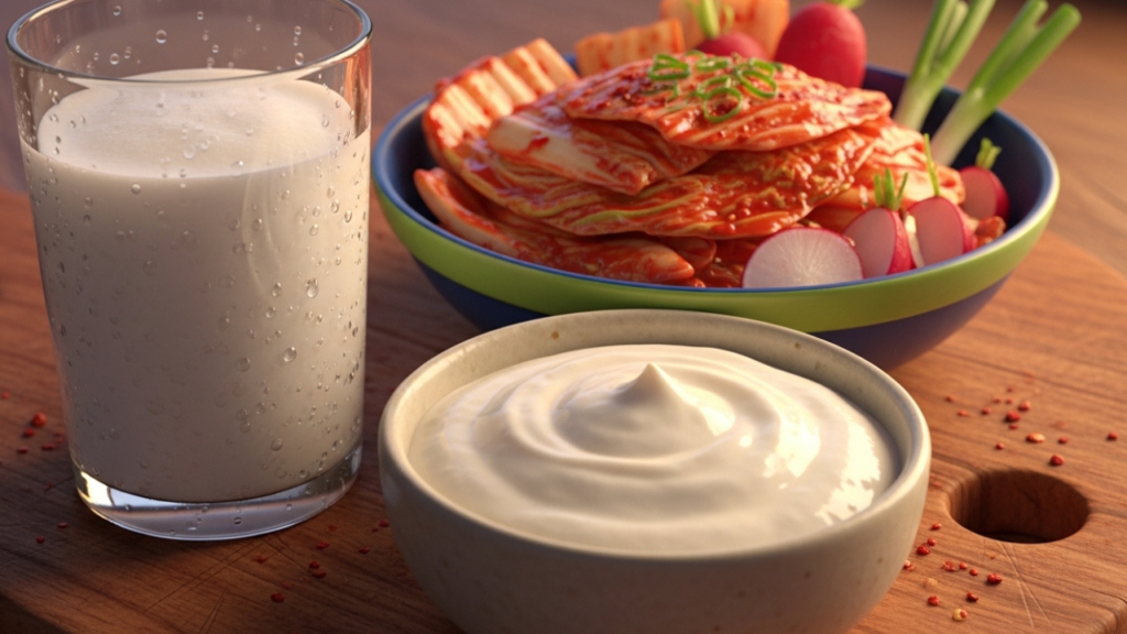3D Pixar-style close-up of probiotic fermented foods including kefir, yogurt, kimchi, and fermented vegetables on a wooden board.