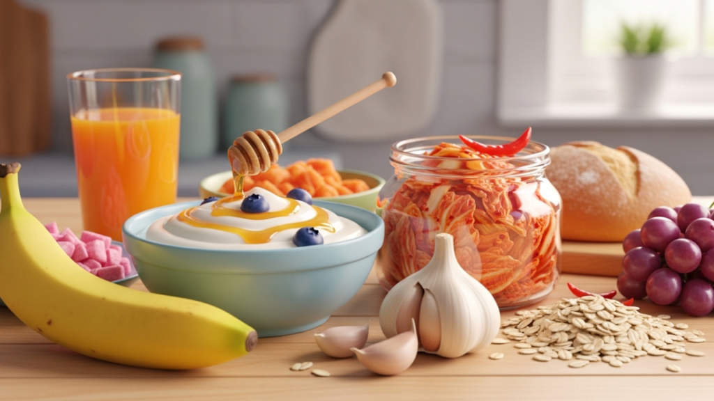 3D Pixar-style illustration of probiotic and prebiotic foods including yogurt, kimchi, garlic, oats, and bananas.