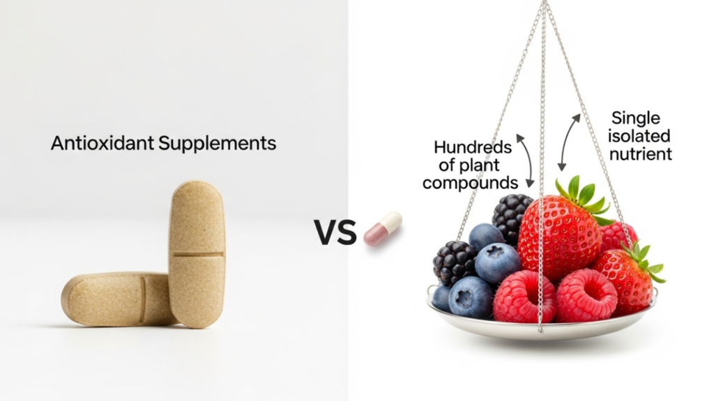 Antioxidant supplement pill vs fresh berries comparison showing whole foods with more phytonutrients, vitamins, and natural compounds than a single supplement.