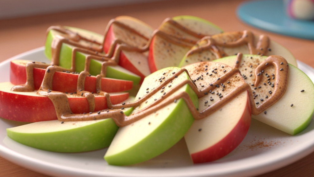 3D Pixar-style apple slices with almond butter, chia seeds, and cinnamon.