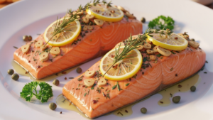 3D Pixar-style baked lemon garlic salmon with herbs, olive oil, and capers.