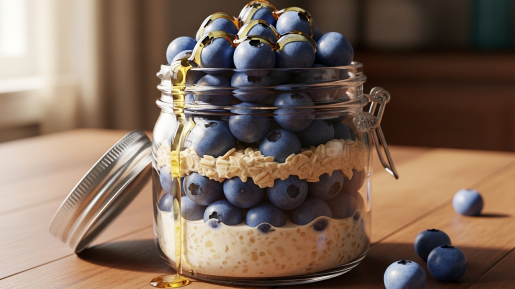 3D Pixar-style blueberry overnight oats in a jar topped with fresh blueberries and honey.