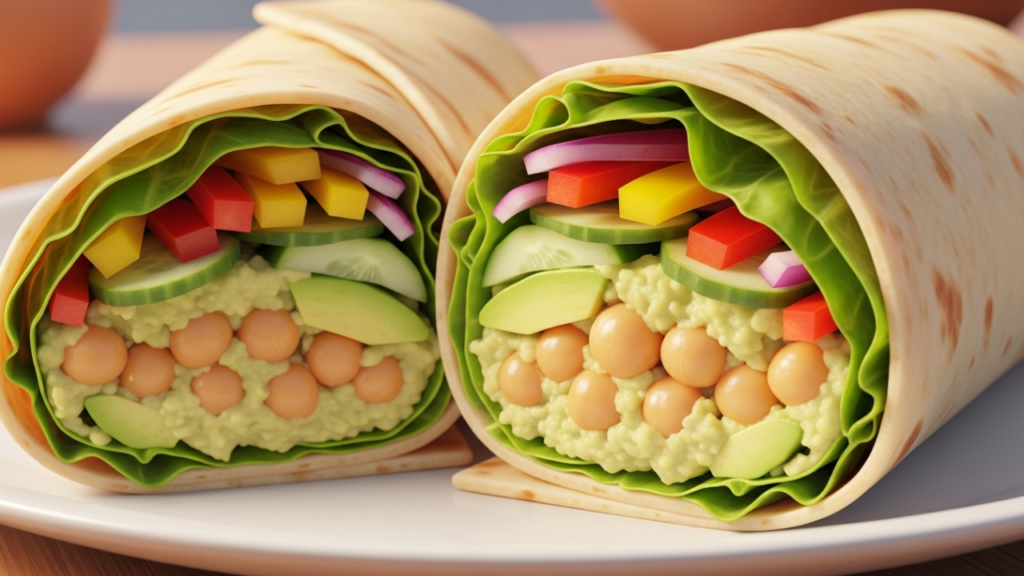 3D Pixar-style chickpea and avocado smash wrap with greens and vegetables.
