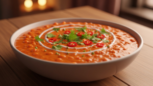 3D Pixar-style creamy red lentil curry with coconut milk and spices in a bowl.