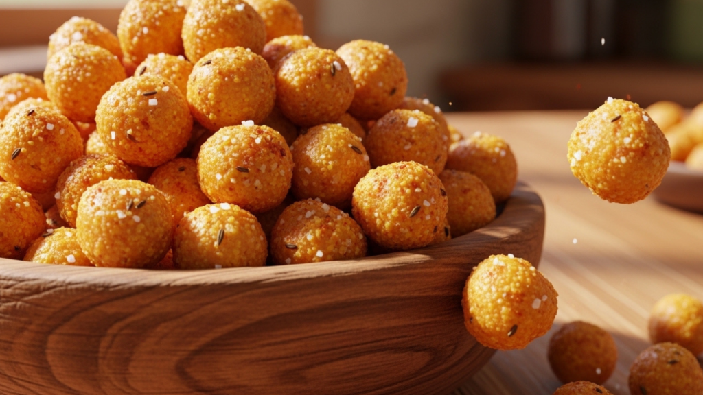 3D Pixar-style crispy roasted chickpeas seasoned with spices in a bowl.