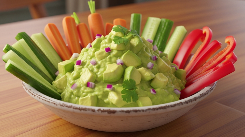 3D Pixar-style guacamole with cucumber, carrot, and bell pepper veggie sticks.
