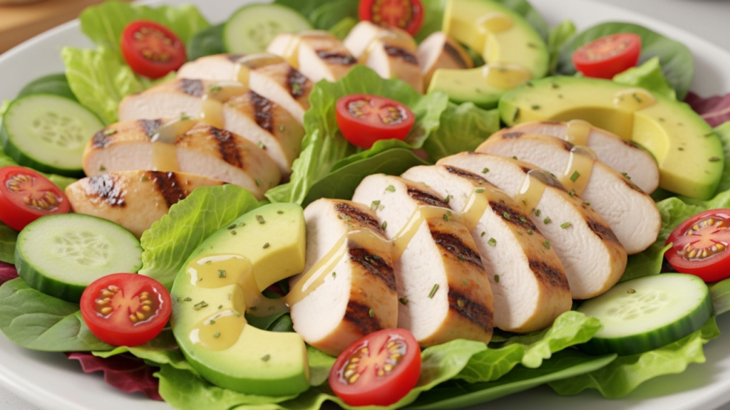 3D Pixar-style lemon herb grilled chicken salad with greens, tomatoes, cucumber, and avocado.
