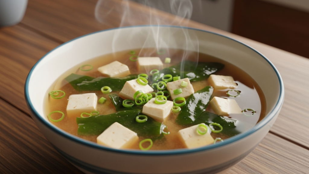 3D Pixar-style miso soup with tofu, seaweed, and green onions in a warm bowl.