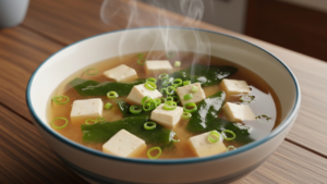 3D Pixar-style miso soup with tofu, seaweed, and green onions in a warm bowl.