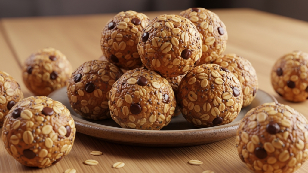 3D Pixar-style peanut butter oat energy balls with chocolate chips and chia seeds.