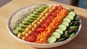 3D Pixar-style rainbow quinoa buddha bowl with vegetables, chickpeas, and avocado.