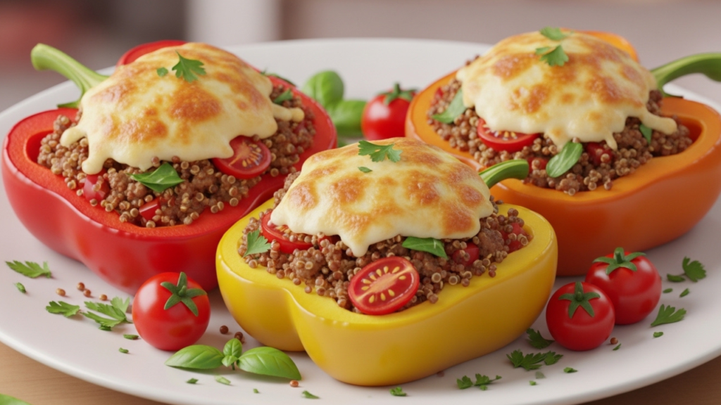 3D Pixar-style stuffed bell peppers with quinoa, turkey, tomatoes, and melted cheese.