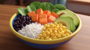 3D Pixar-style sweet potato and black bean rice bowl with avocado, corn, and greens.