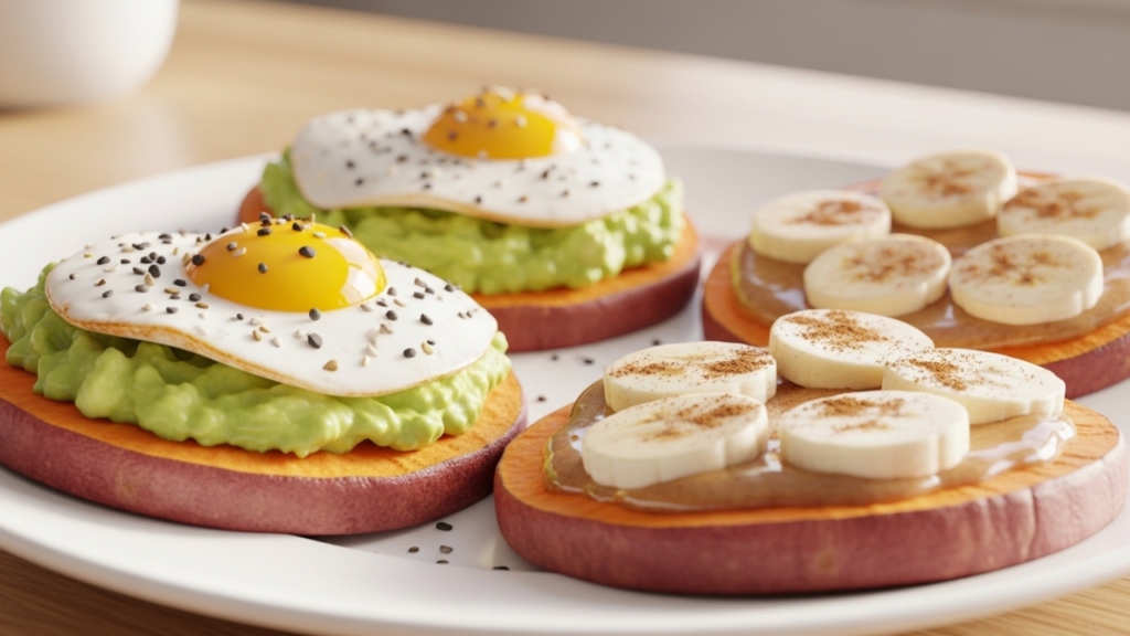 3D Pixar-style sweet potato toast with avocado, eggs, almond butter, banana, and cinnamon.