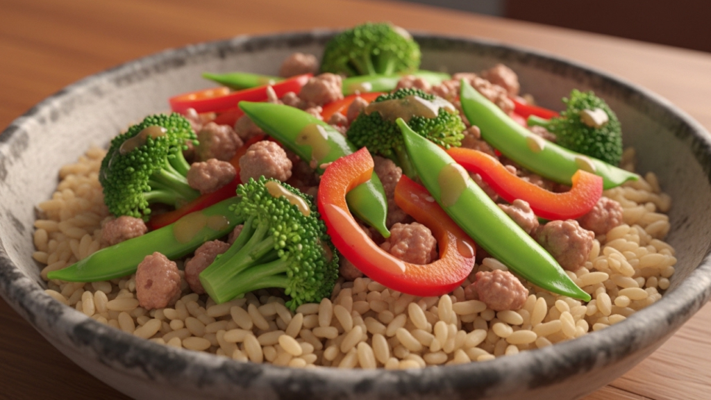 3D Pixar-style turkey and vegetable stir fry with broccoli, bell peppers, snap peas, and brown rice.