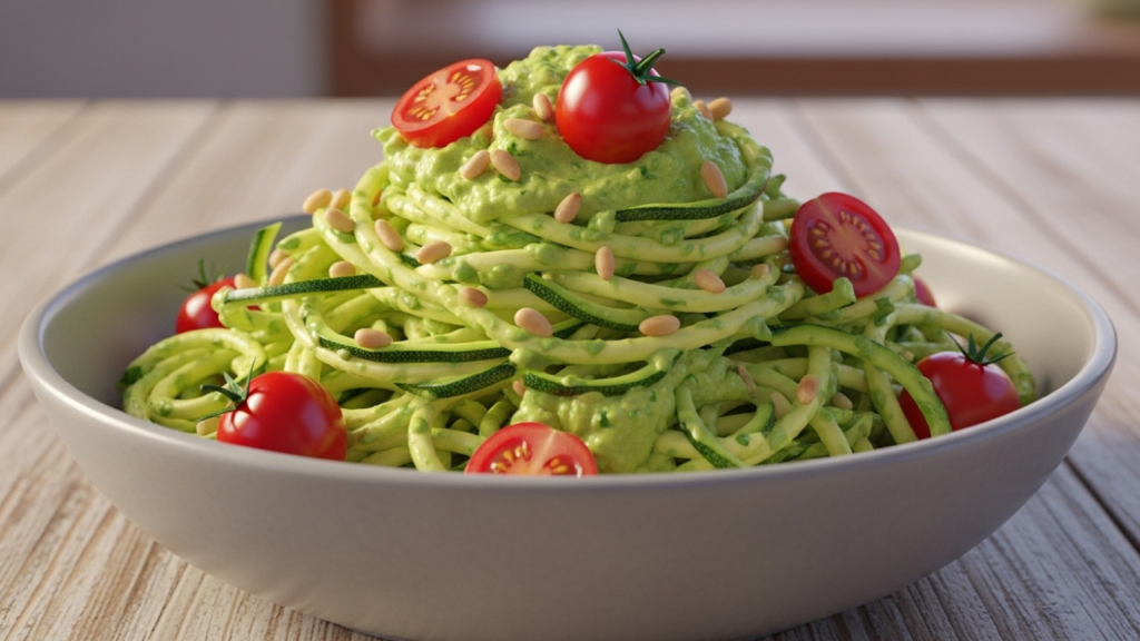 3D Pixar-style zucchini noodles with avocado pesto, cherry tomatoes, and pine nuts.