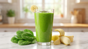 3D Pixar-style green spinach banana smoothie in a tall glass with chia seeds and a banana slice garnish.