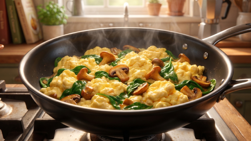 3D Pixar-style spinach and mushroom egg scramble with fluffy eggs, wilted spinach, and sautéed mushrooms in a skillet.